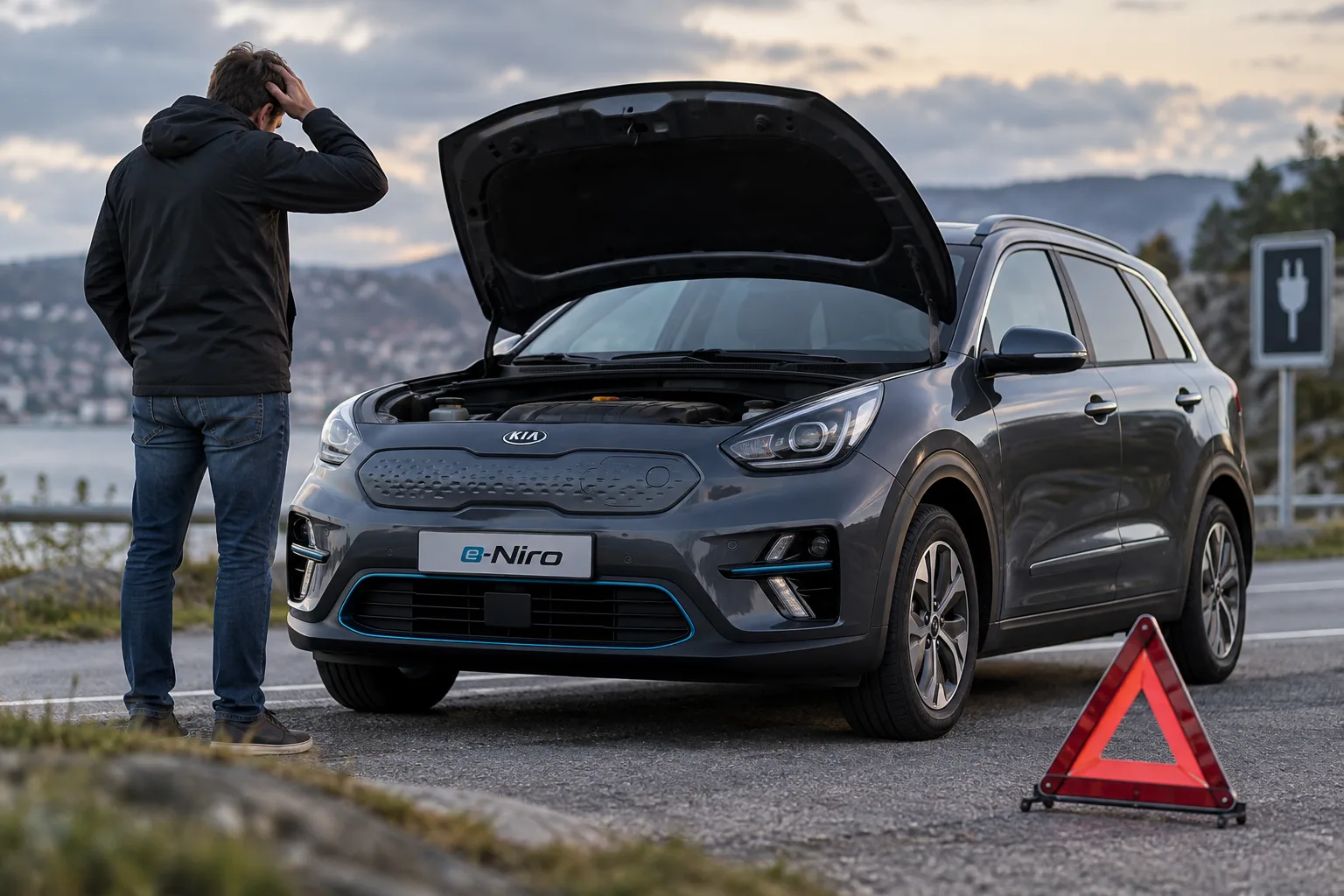 Kia e-Niro med åpen panser og varseltrekant ved veien – varmepumpeproblemer