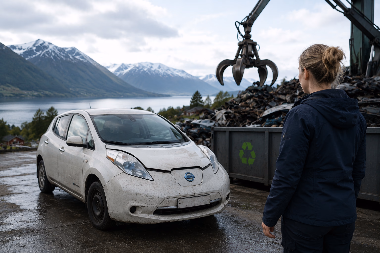 Vrakede biler stablet på et norsk bilopphuggeri