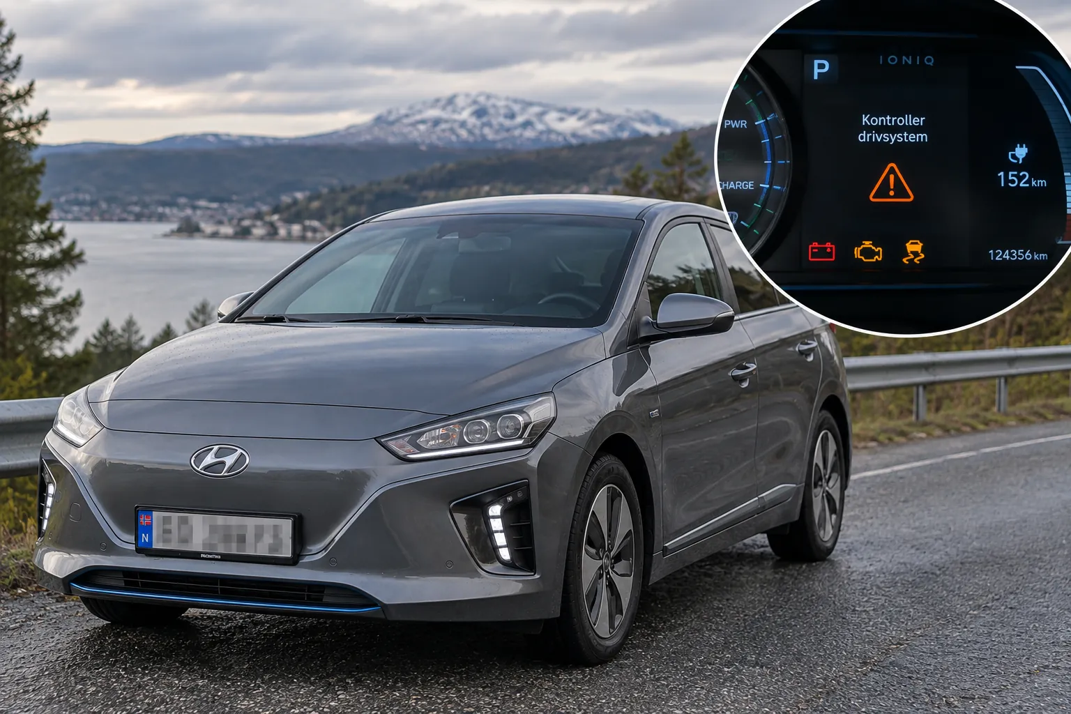 Grå Hyundai Ioniq Electric med feilmelding «Kontroller drivsystem» i displayet