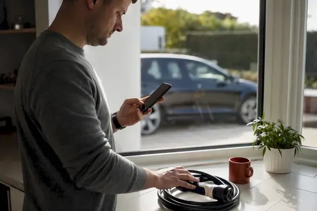 Mann sjekker heftelser på bilen sin via mobilen