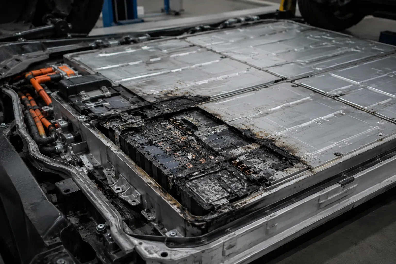 Defekt batteripakke på elbil med synlige skader