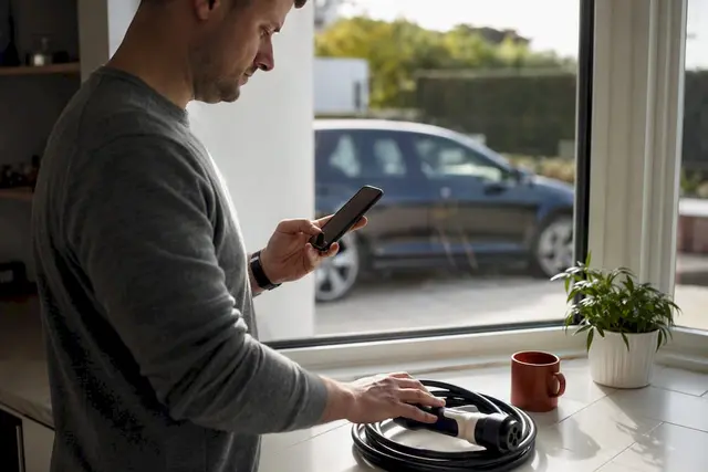 Mann sjekker heftelser på bilen sin via mobilen