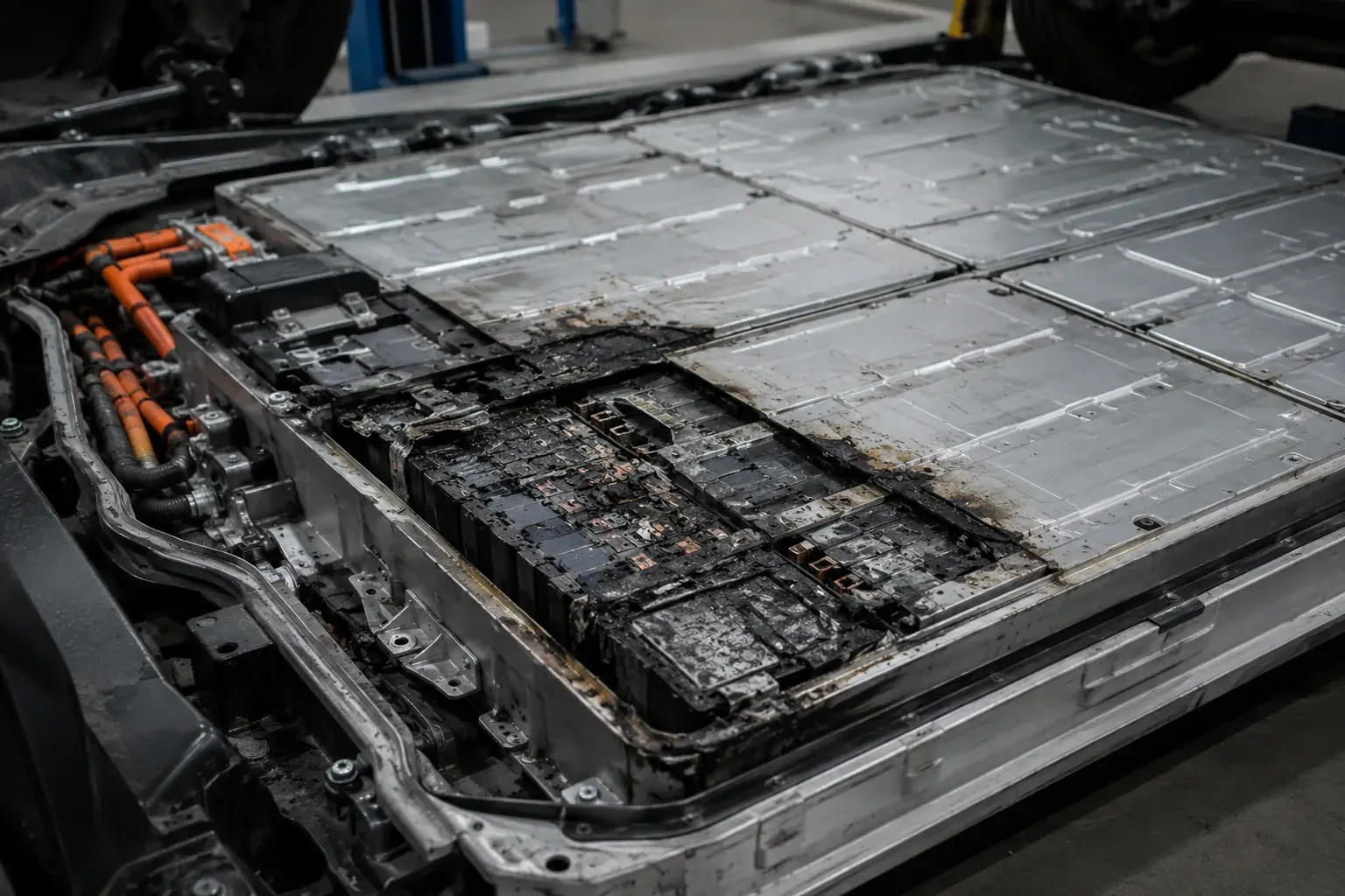 Defekt batteripakke på elbil med synlige skader